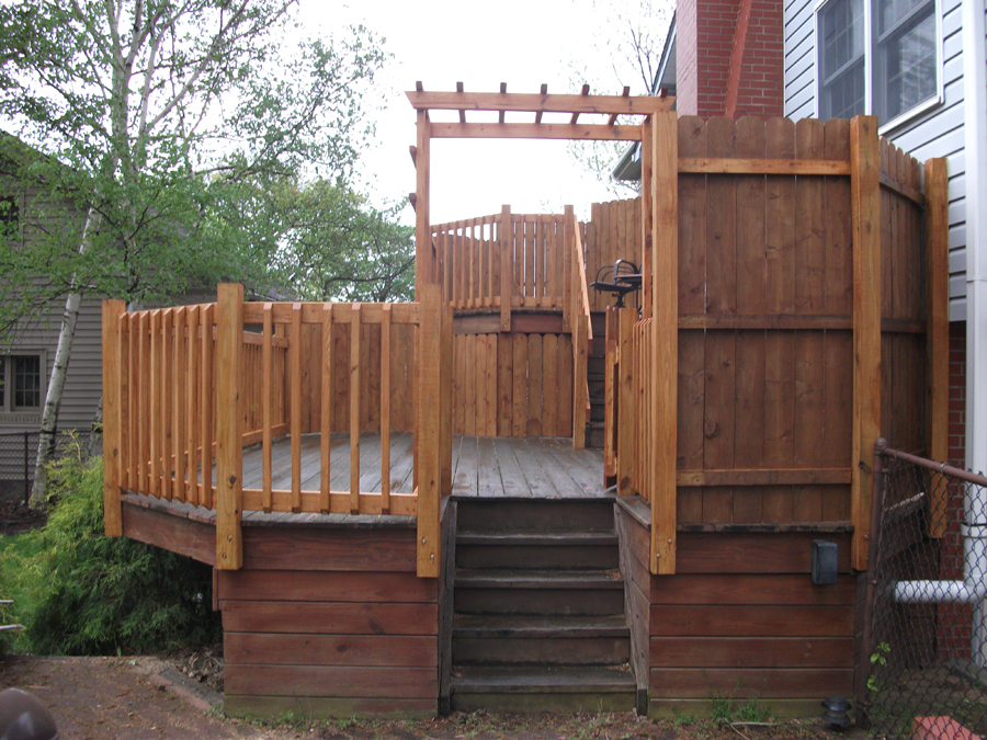 new two tier level deck patio with stairs to ground level